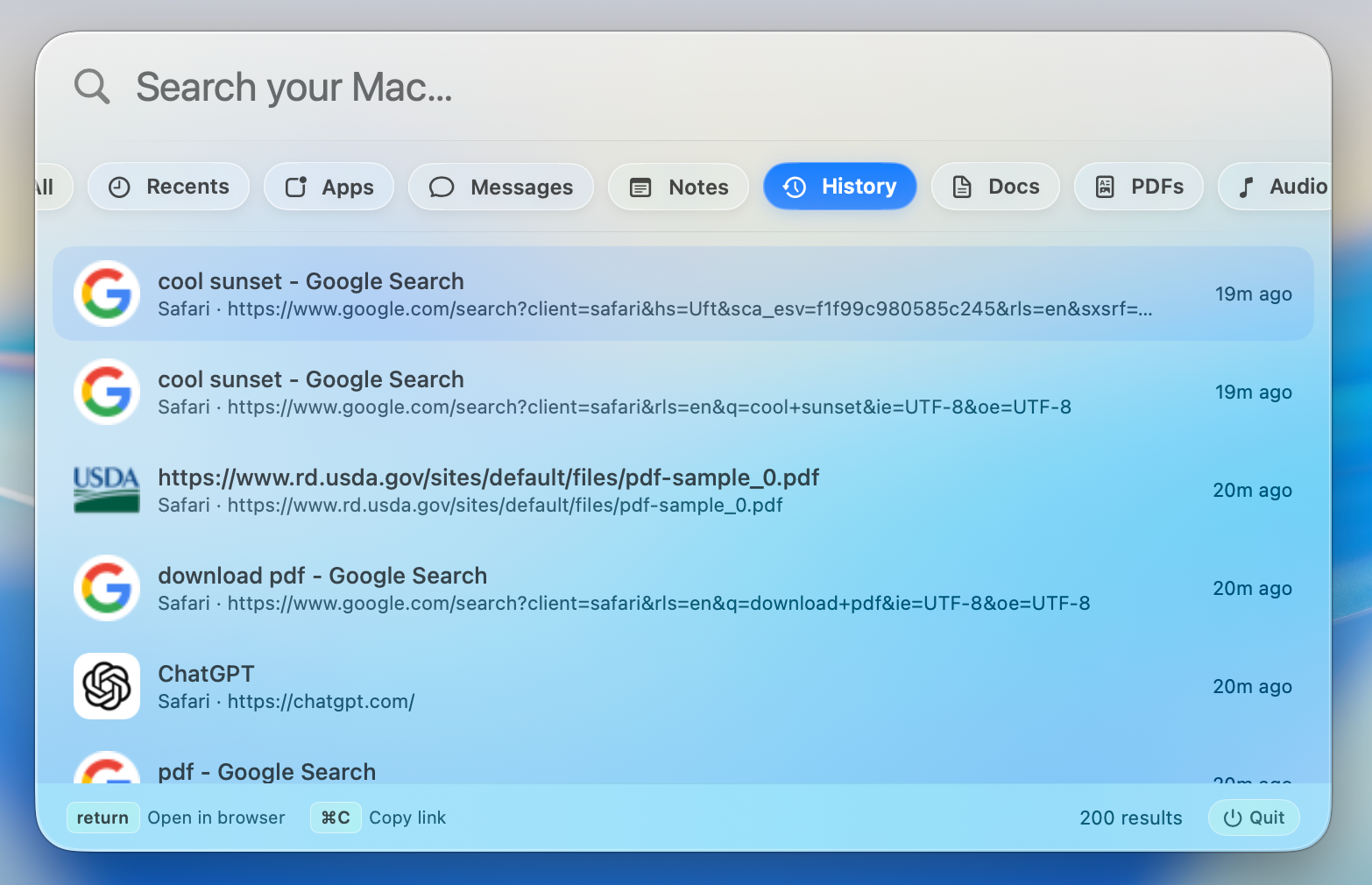 Browser history results with favicons in Beacon